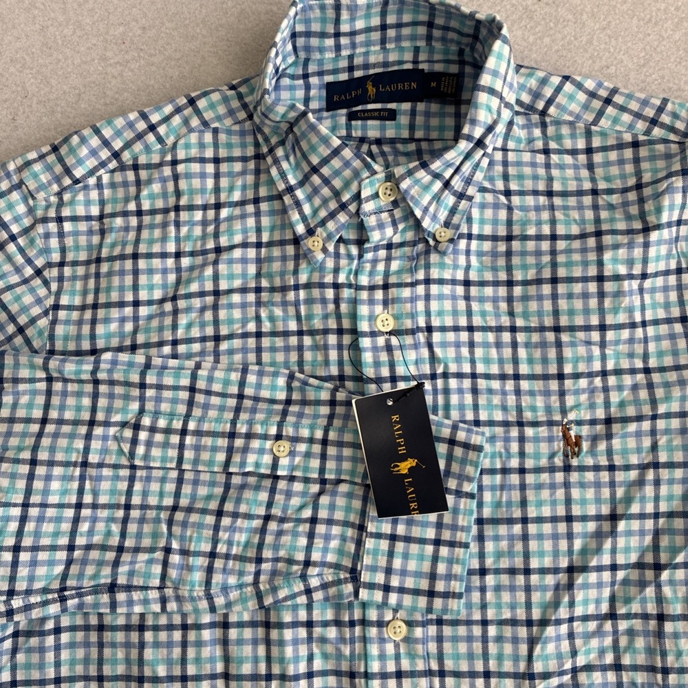 Ralph Lauren Mens 100% Cotton Button Down Medium Blue Plaid Preppy Old Money